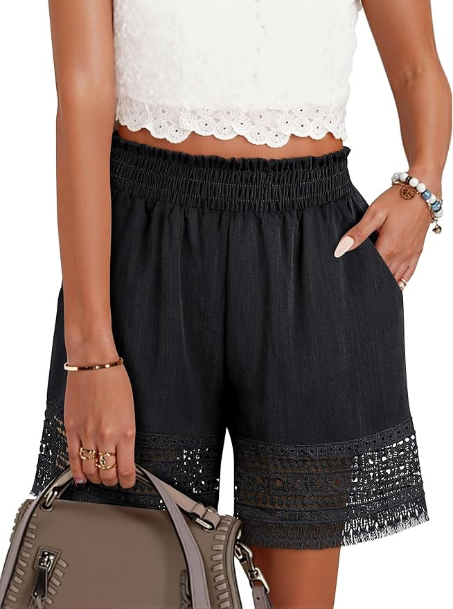 Women's Casual Elastic Waist Lounge Shorts Comfy Stretch Lace Trim Summer Beach Linen Ruffle Shor... | Amazon (US)