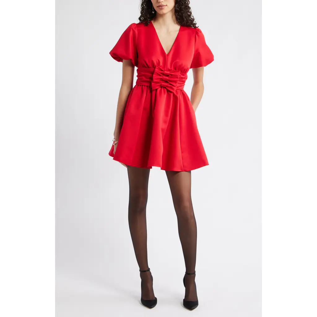 Chelsea28 Bow Detail Puff Sleeve Minidress in Red Barbados at Nordstrom Rack, Size Large | Nordstrom Rack