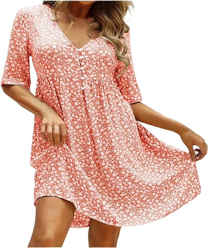 Floral Dress for Women Button Printed V Neck Temperament Commuter Casual Dresses for Women Short | Amazon (US)