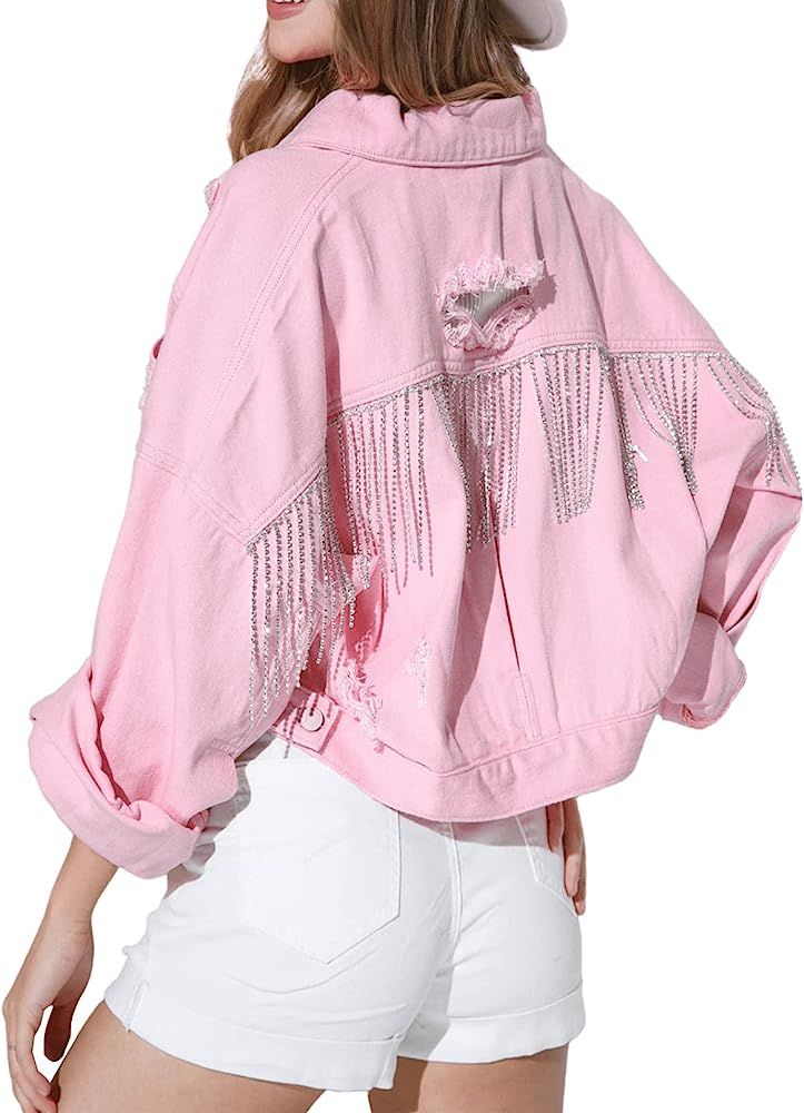 Joiemont Womens Denim Jacket with Fringe Rhinestones Long Sleeve Distressed Ripped Denim Jackets ... | Amazon (US)