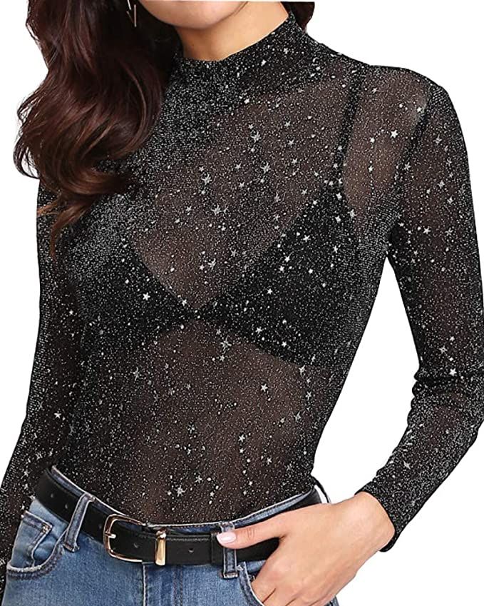 MANGOPOP Women's Long Sleeve Short Sleeve Glitter Sheer Mesh Tops T Shirt Blouse Clubwear | Amazon (US)