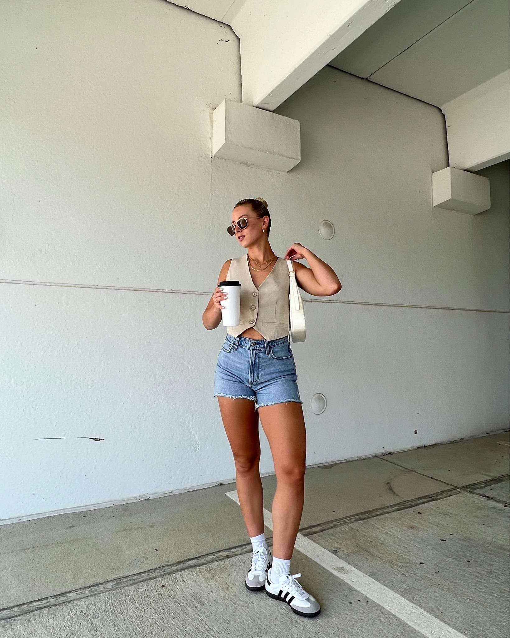 Vest, linen vest, abercrombie style, abercrombie shorts, abercrombie jean shorts, denim shorts, jean shorts, dad shorts, Adidas samba sneakers, Adidas samba outfits, summer fashion, summer outfits 2023, summer fashion trends