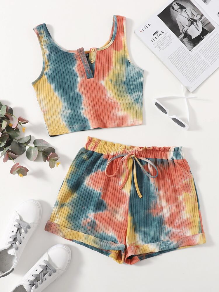 SHEIN Tie Dye Rib-knit Crop Tank Top & Paperbag Waist Cuffed Shorts Set | SHEIN