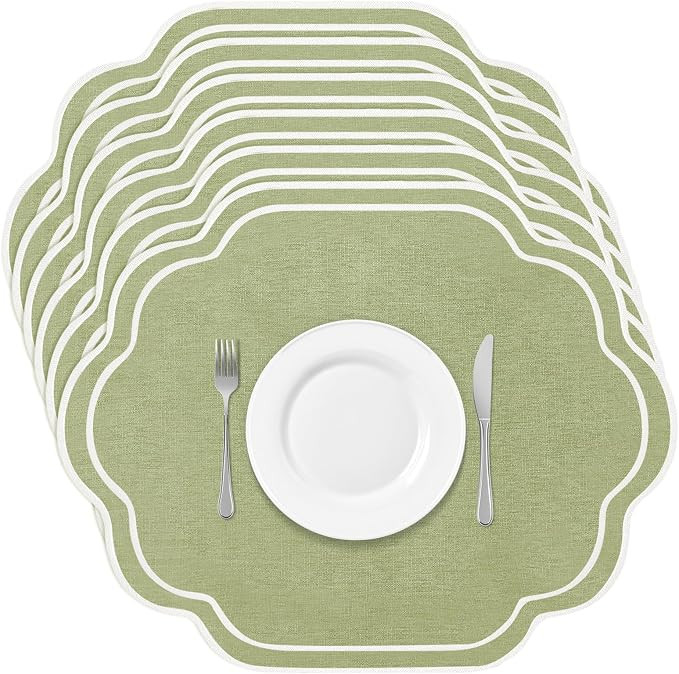Breling 6 Pcs Sage Green Wedding Placemats Scalloped Embroidered Cotton Linen Placemats 17" x 13"... | Amazon (US)
