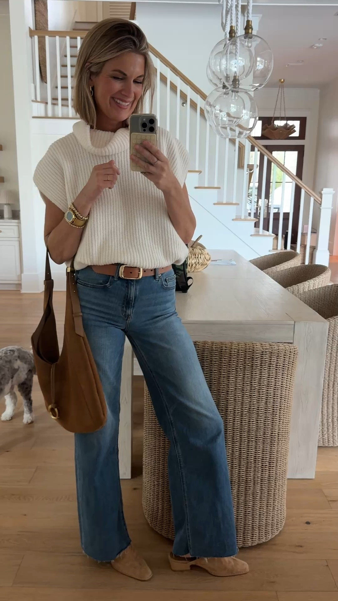 Small sweater. 27x34 jeans.  I’m 5’11”. Mules true to size.