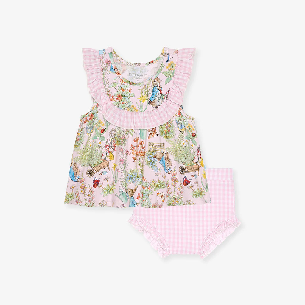 Floral Pink Sleeveless Peter Rabbit Garden Ruffled Babydoll Bummie Set | Posh Peanut® | Posh Peanut