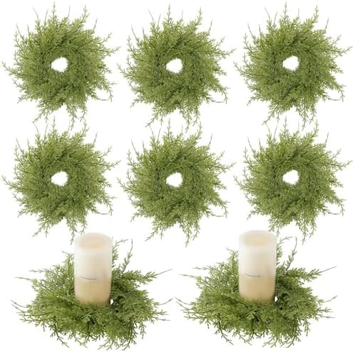 8 Pcs Cedar Wreath Candle Ring Mini Wreath Outer 8.7 Inch Artificial Pine Garland Candle Ring Hol... | Amazon (US)