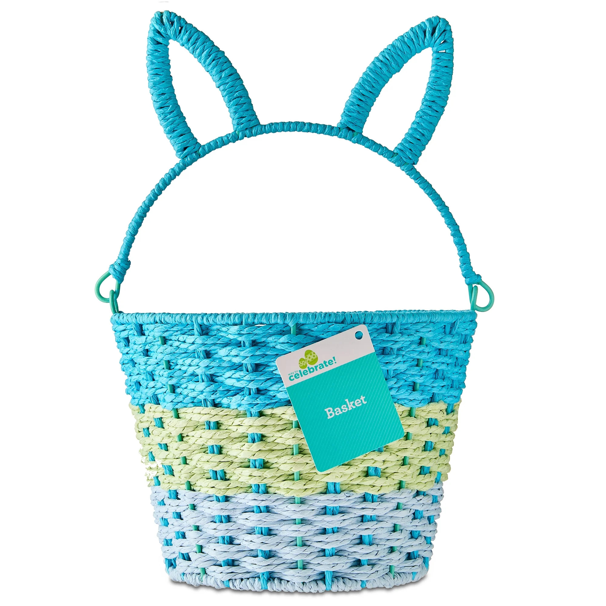 Round Bunny Ear Handle Paper Basket, Blue and Green, 9" x 6.5", Easter by Way To Celebrate | Walmart (US)