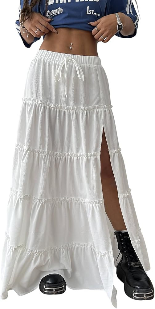 OYOANGLE Women's Elastic Waist Tie Front Tiered Ruffle Hem Long Maxi Skirt Y2K Split Thigh Flowy ... | Amazon (US)