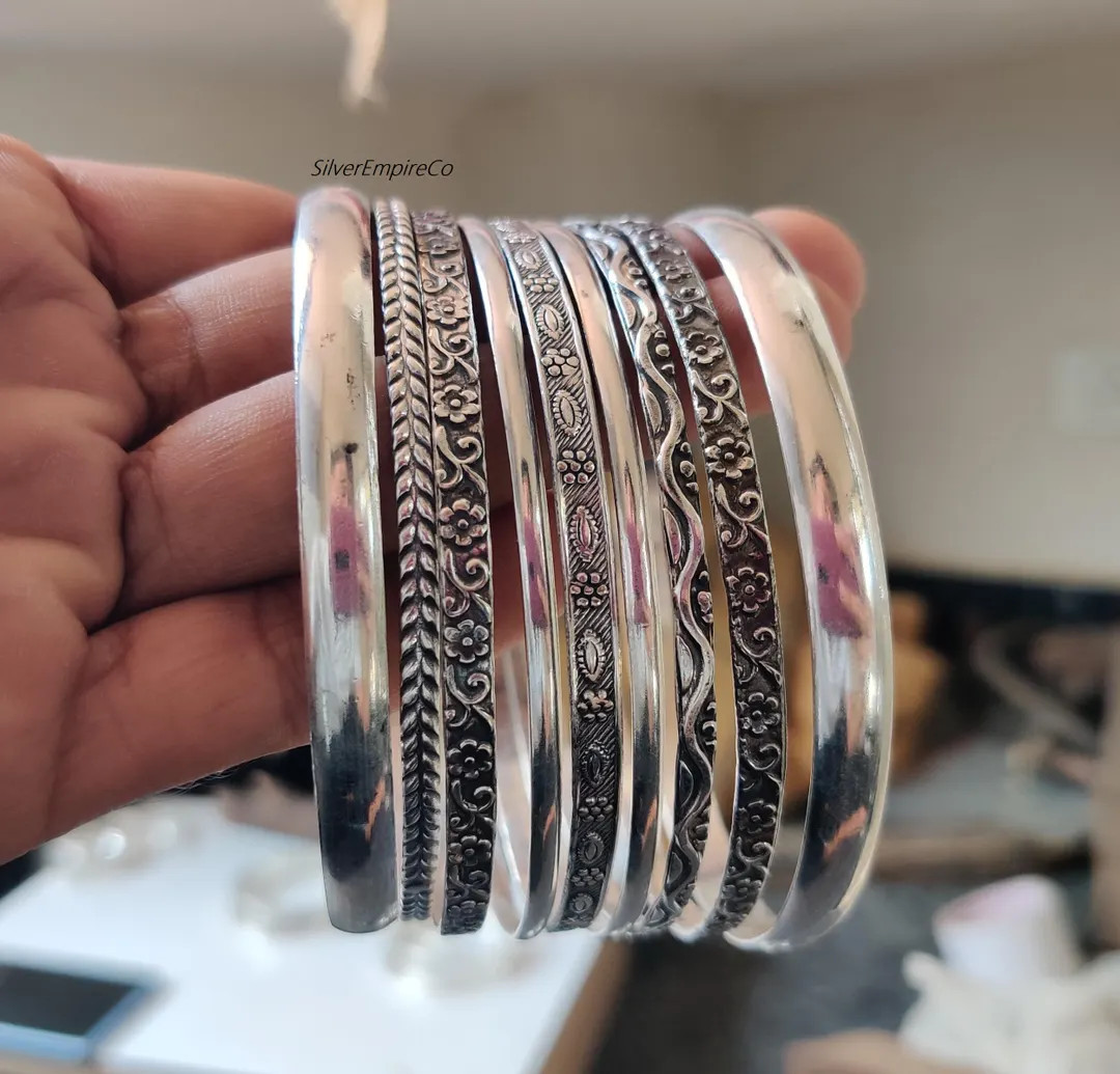 Handcrafted Sterling Silver Bangle Set: 9 Boho Stacking Bangles - Etsy | Etsy (US)