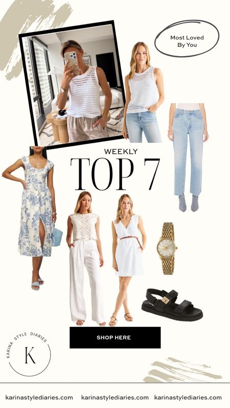 Weekly top 7 - most loved by you! The jeans you all are obsessed with! Size up one size, cropped wide leg perfect for summer! Loving linen, the white dress and pants are hot and fully stocked. XS 
Floral maxi dress is gorgeous for European travels of any outdoor parties. We’re all loving the crochet knit top cakes with a cami! XS 

#LTKStyleTip #LTKFindsUnder100 #LTKShoeCrush