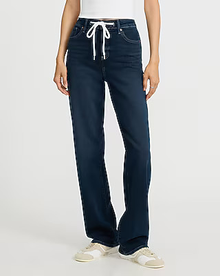 High Waisted Medium Wash Relaxed Straight Drawstring Jeans | Express