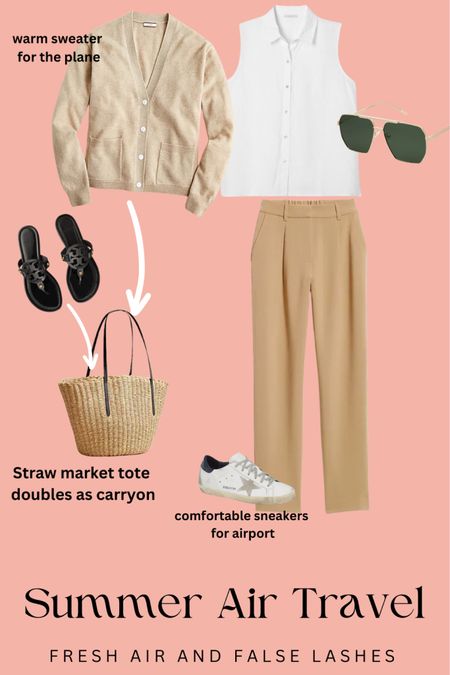 Summer air travel outfit. Perfect fit heading somewhere hot and breezy! It’s always cold in the airport and on the plane. Sweater and sneakers can be stashed in your tote upon arrival. #airportoutfit

#LTKfindsunder50 #LTKstyletip #LTKover40