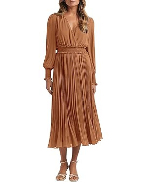 PRETTYGARDEN Womens Wrap V Neck Dresses for Wedding Guest Casual Pleated Long Sleeve Midi Dress R... | Amazon (US)
