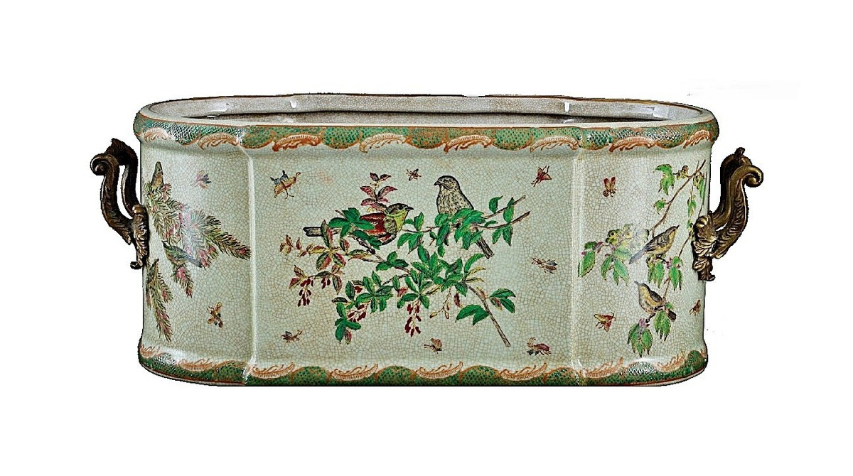 Green, Polychrome Porcelain Planter. Bronze Handles. Hand Painted. (21"L) | eBay US