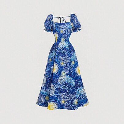 1pc Women's Van Gogh "Starry Night" Print Blue Dress (Without White Inside Petticoat), Retro Palace Style Puff Sleeve, Art Series | SHEIN