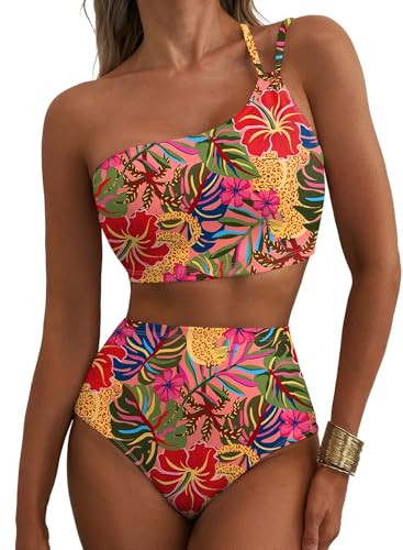 Herseas Women Bikini Sets One Shoulder 2 Piece Swim Suits High Waisted Tummy Control Push Up Adjustable Straps Bathing Suit Sexy Charming Beach Outfits Summer Tropical Animal Print Medium | Amazon (US)
