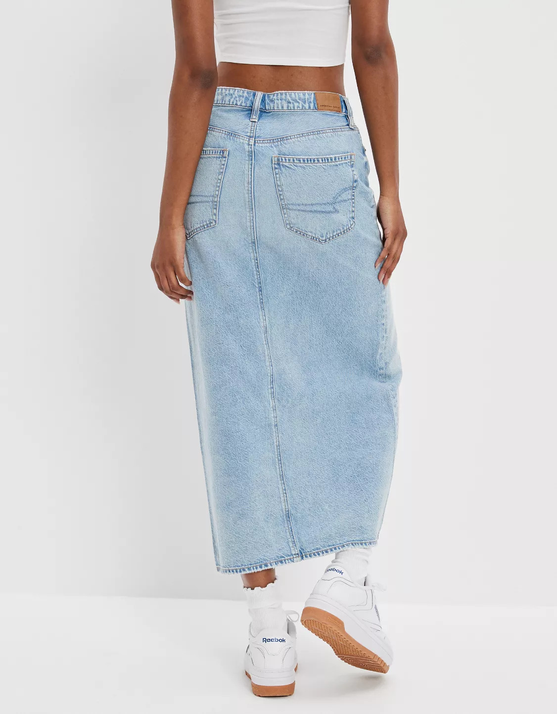 AE Dreamy Drape Low-Rise Denim Maxi Skirt | American Eagle Outfitters (US & CA)