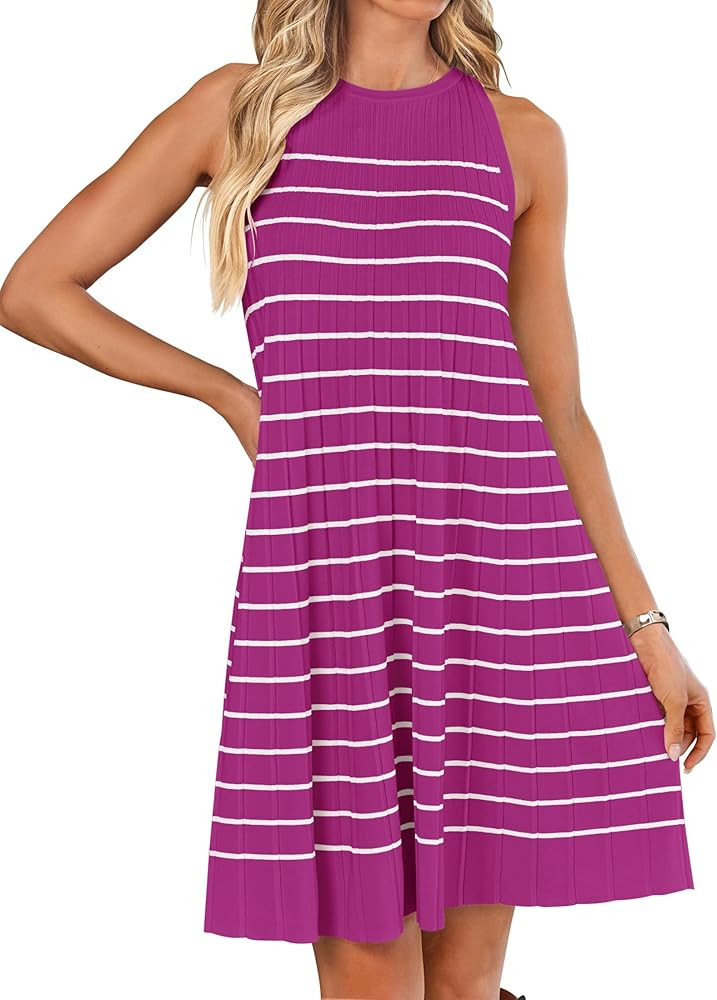 ZESICA Women's 2024 Summer Sleeveless Tank Dress Crewneck Striped Knit Pleated A Line Casual Shor... | Amazon (US)