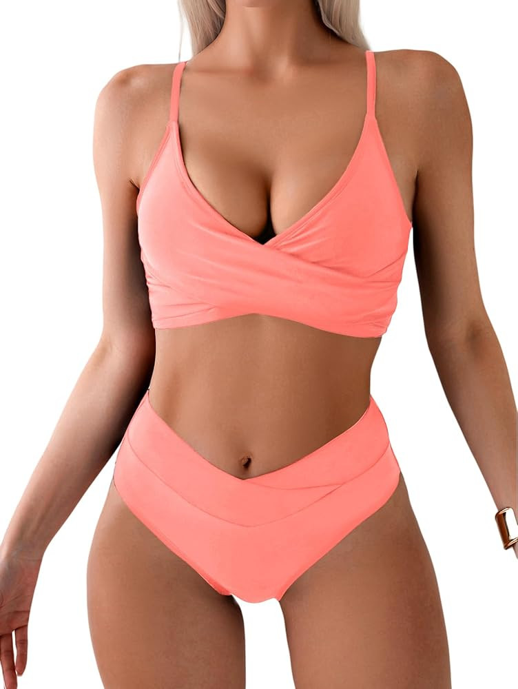 Tainehs Women's Bikini Sets Two Piece Swimsuit V Neck Twist Front V Cut Bottom Bathing Suit | Amazon (US)