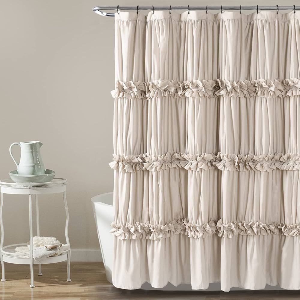 HIG Ruffled Farmhouse Shower Curtain, Camel Frilly Feminine Bathroom Curtain with 3 Rows of Handm... | Amazon (US)