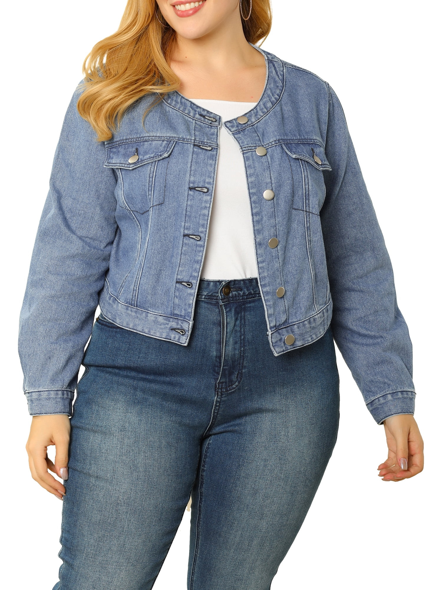 Agnes Orinda Juniors' Plus Size Collarless Long Sleeve Denim Jacket | Walmart (US)