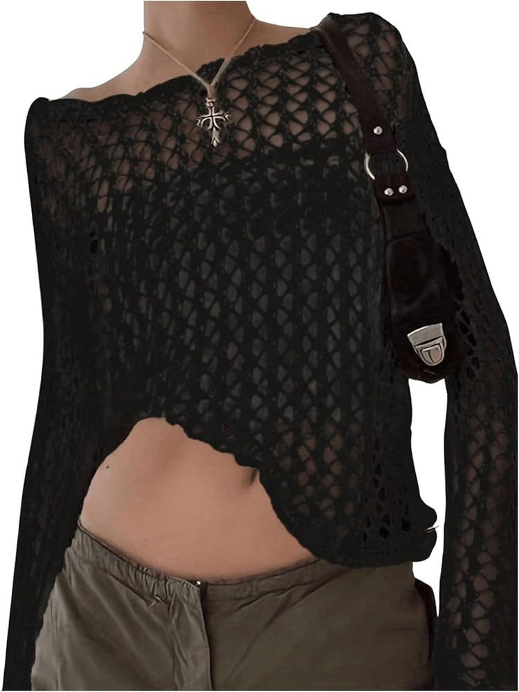 MakeMeChic Women's Hollow Out Crochet Top Knitted Long Sleeve Sweater Pullovers | Amazon (US)
