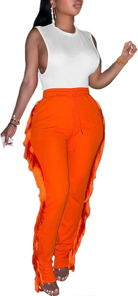 LETSVDO Women's High Waist Fringe Pants Casual Side Color Side Tassel Wide Leg Long Sweatpants | Amazon (US)