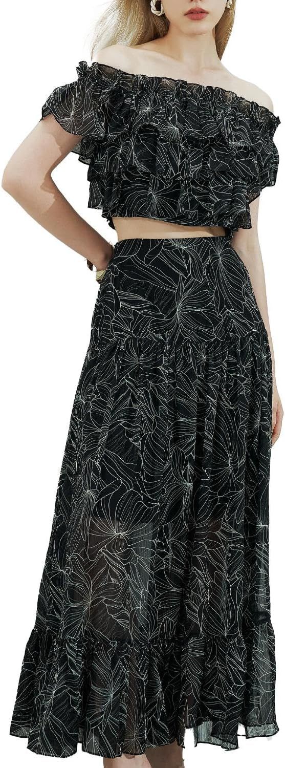 Womens 2024 Maxi Skirt Set 2 Piece Off Shoulder Chiffon Ruffle Floral Flowy Swing Casual Beach Su... | Amazon (US)