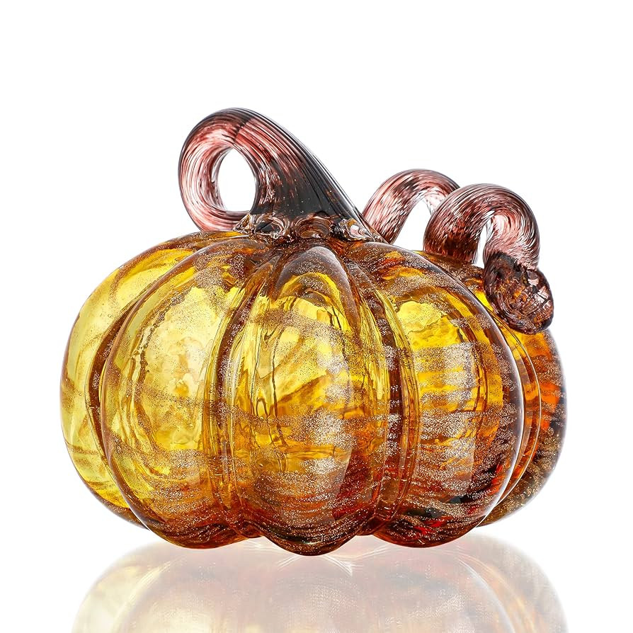 QFkris 5" Blown Glass Pumpkin Figurines Collectibles Fall Harvest Halloween Decor Crystal Brown P... | Amazon (US)