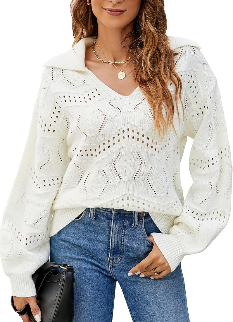 Blooming Jelly Womens Fall Winter V Neck Pullover Sweater Collared Hollow Out Knit Sweaters 2023 | Amazon (US)