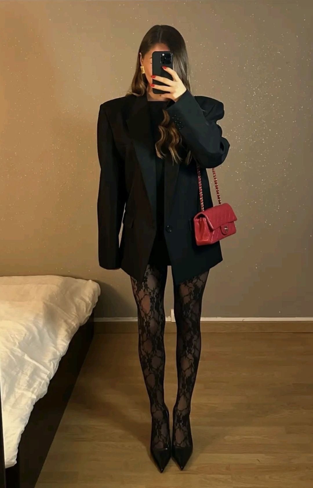 Black blazer 
Black floral tights
Red Chanel bag 

#LTKHoliday #LTKootd #LTKPetite