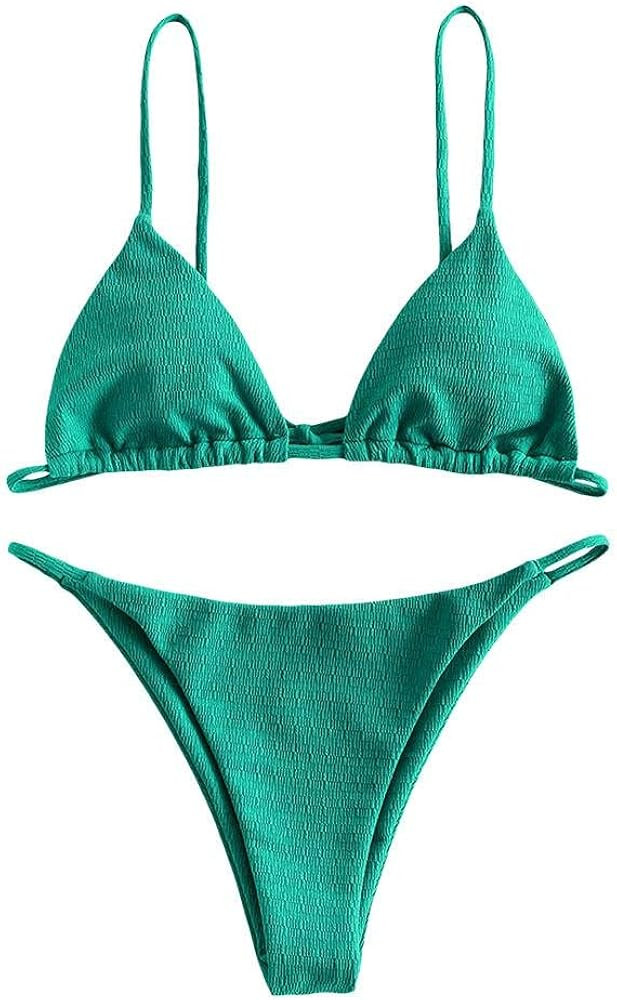 ZAFUL Women's Textured Tie String Bikini Swimwear Triangle Smocked Bikini Cheeky Brazilian Swimsuits | Amazon (US)