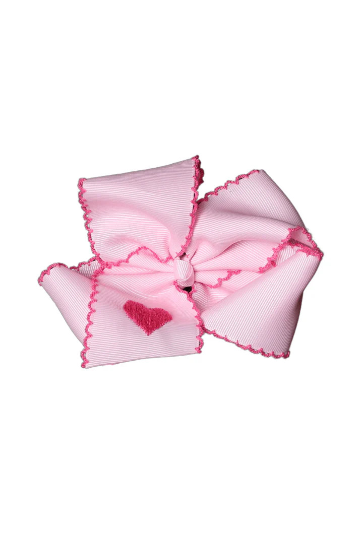 Embroidered Heart Scalloped Edge Grosgrain Bow Pink/Pink | The Smocked Flamingo