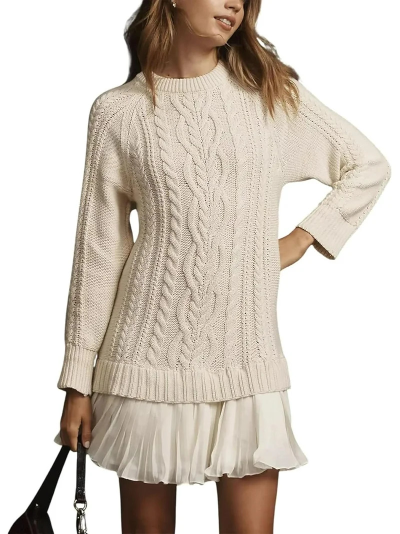 2026 New Cable Knit Sweater Dress, Women Crewneck Cable Knit Sweater Mini Dress, Sweater Dress wi... | Walmart (US)
