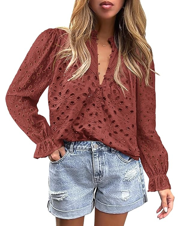 PRETTYGARDEN Women's Dressy Casual Blouse Tops Fall Spring Puff Long Sleeve Button V Neck Hollow ... | Amazon (US)