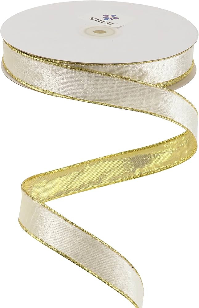 MEEDEE Skinny White Velvet Ribbon with Gold Back 1 inch Double Sided Christmas Wired Ribbon - 25 ... | Amazon (US)