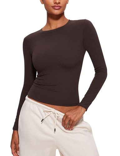 CRZ YOGA Softembrace Crewneck Long Sleeve Shirts for Women - Casual Going Out Tops Soft Basic Fitted Tight Fall T-Shirts Hot Fudge Brown X-Large | Amazon (US)