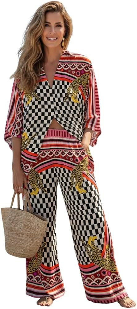 Women's Beach Vacation 2 Piece Outfits Long Sleeve Button Shirt Elastic Waist Wide Leg Pants Casu... | Amazon (US)