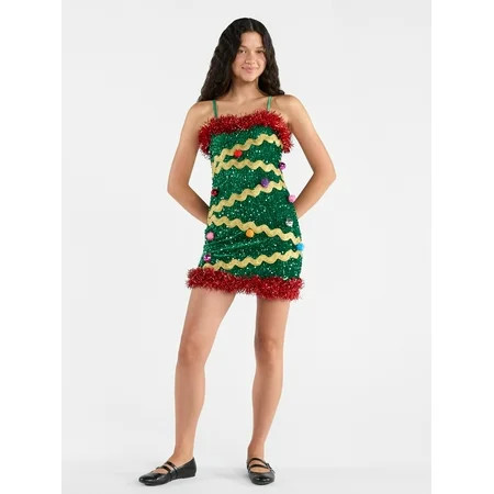 No Boundaries Christmas Tree Mini Dress, Women’s | Walmart (US)