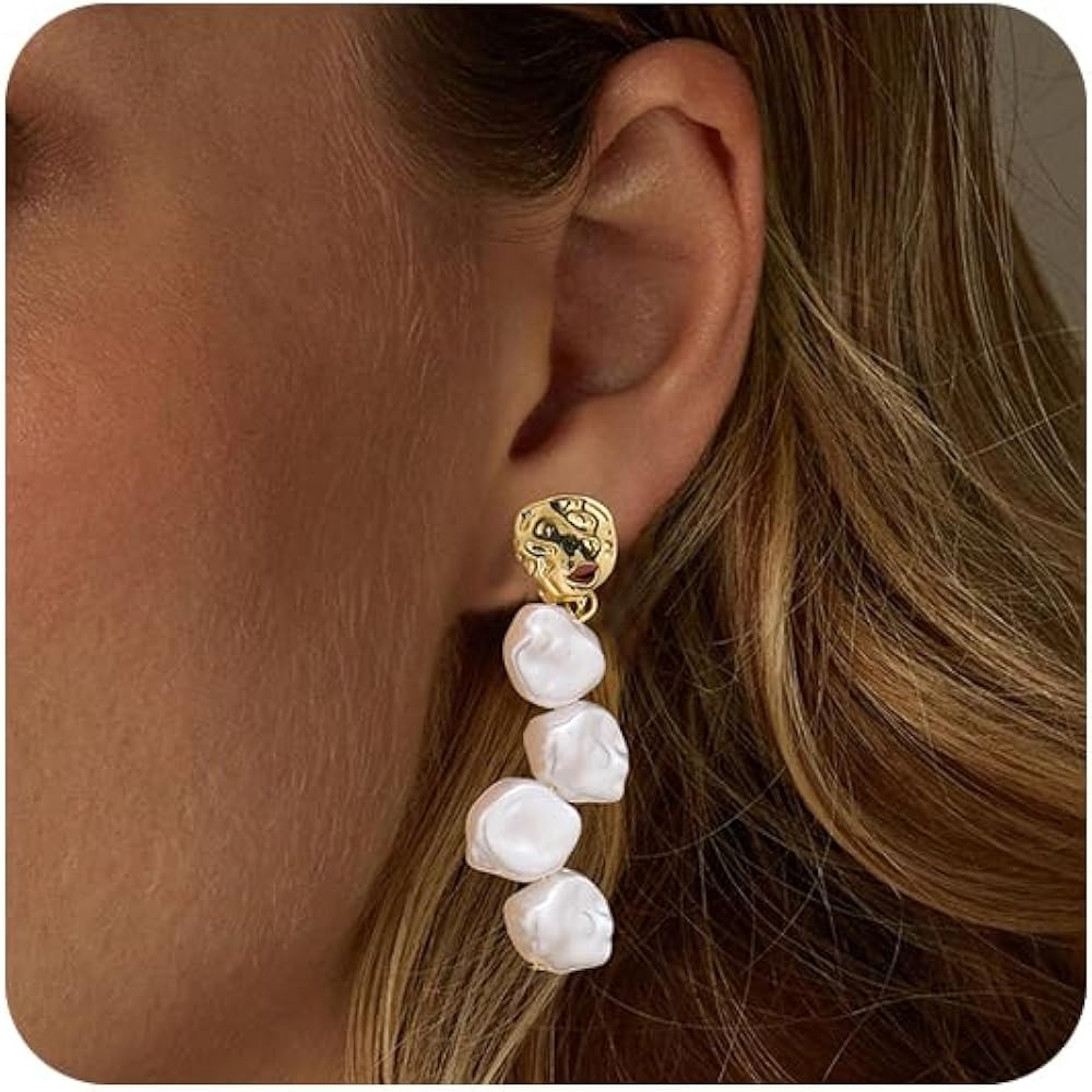 FUNEIA Statement Gold Pearl Earrings for Women Trendy 14K Gold Plated Dangle Earrings Elegant For... | Amazon (US)