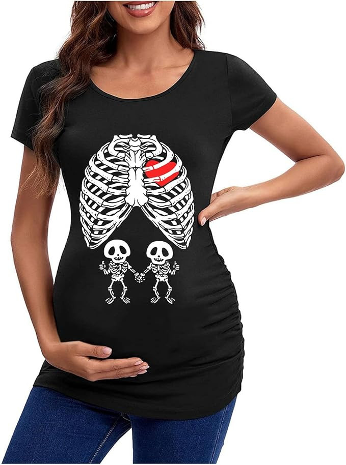 Pregnant Skeleton Shirt Halloween Maternity Shirts Short Sleeve Skeleton Baby Pregnancy Shirt Cre... | Amazon (US)