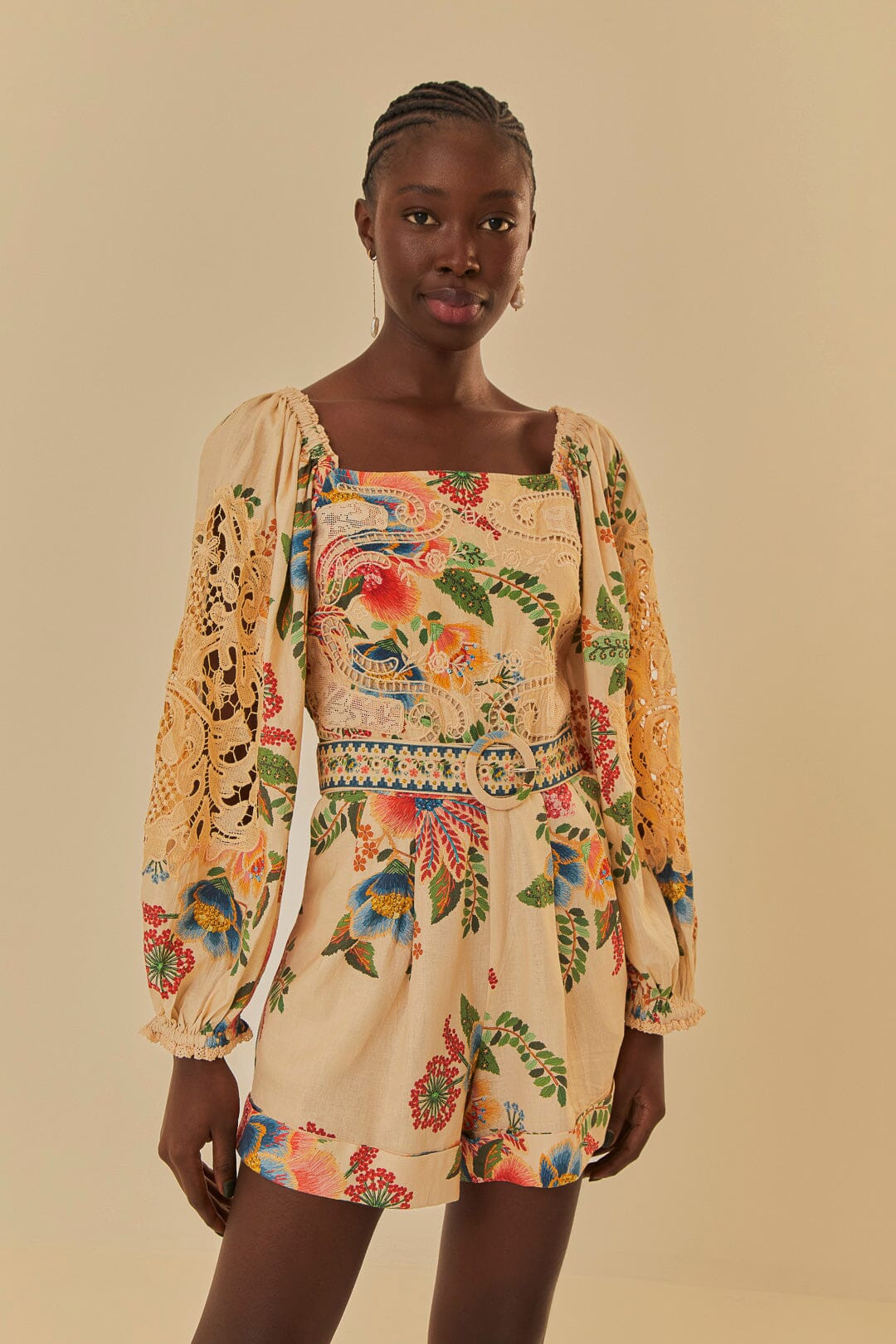 Sand Delicate Garden Lace Romper | FarmRio (US)