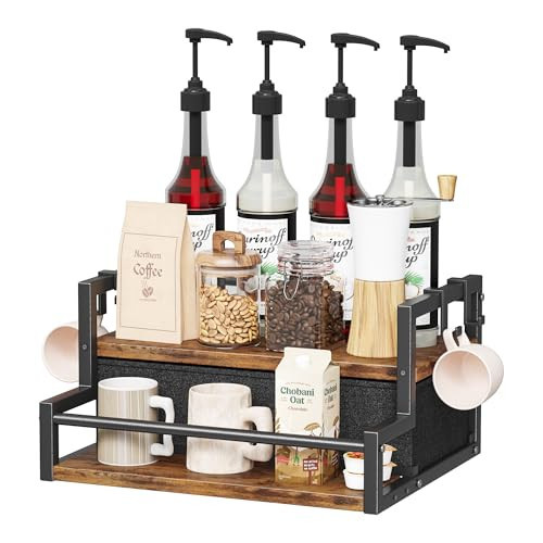 Coffee Syrup Organizer Rack, 2-Tier Coffee Bar Accessories, Bottle Holder Stand with K Cup Storage Drawer for Coffee bar, Wine Rack, Storage Shelves for Syrup. (Rustic Brown) | Amazon (US)