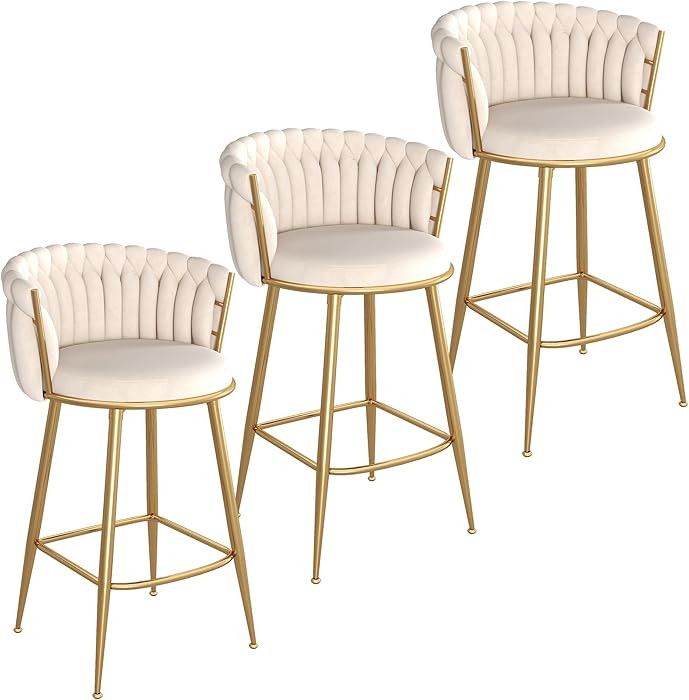 Counter Height Stools Set of 3, 27 Inches Velvet Bar Stools with Upholstered Seat Height, Handmad... | Amazon (US)