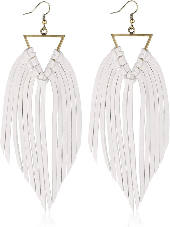 Fringe Leather Earrrings Yellowstone Beth Dutton Triangle Deerskin Leather Fringe Boho Western St... | Amazon (US)