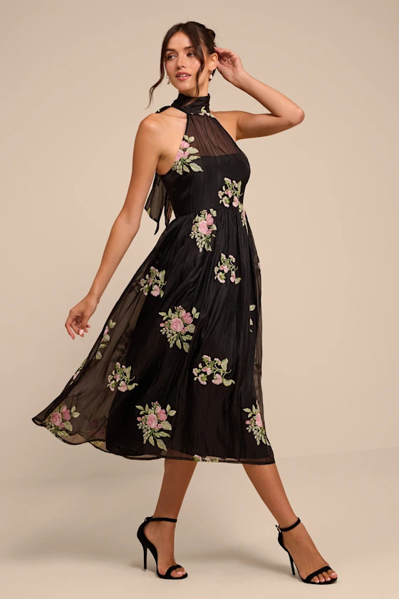 Kira Black Embroidered Halter Midi Dress | Lulus