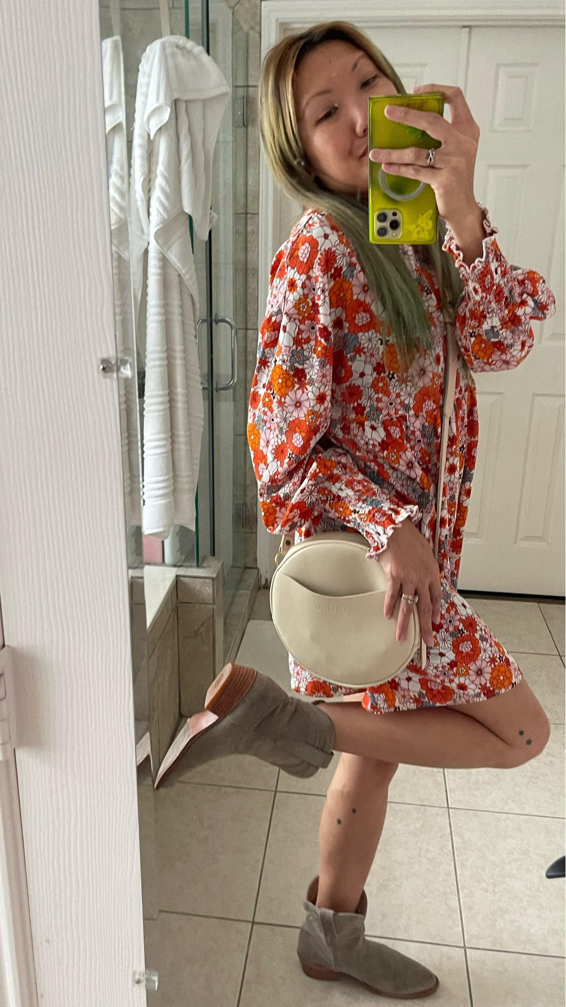 Summer to Fall transitional outfit idea - flower power floral print tunic with ankle boots