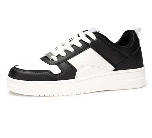 LUCKY STEP Women Fashion Sparkle Rhinestone Sneakers White Leather Low Top Tennis Shoes Lace Up Casual Comfortable Walking Shoe(Black/White,8B(M) US) | Amazon (US)