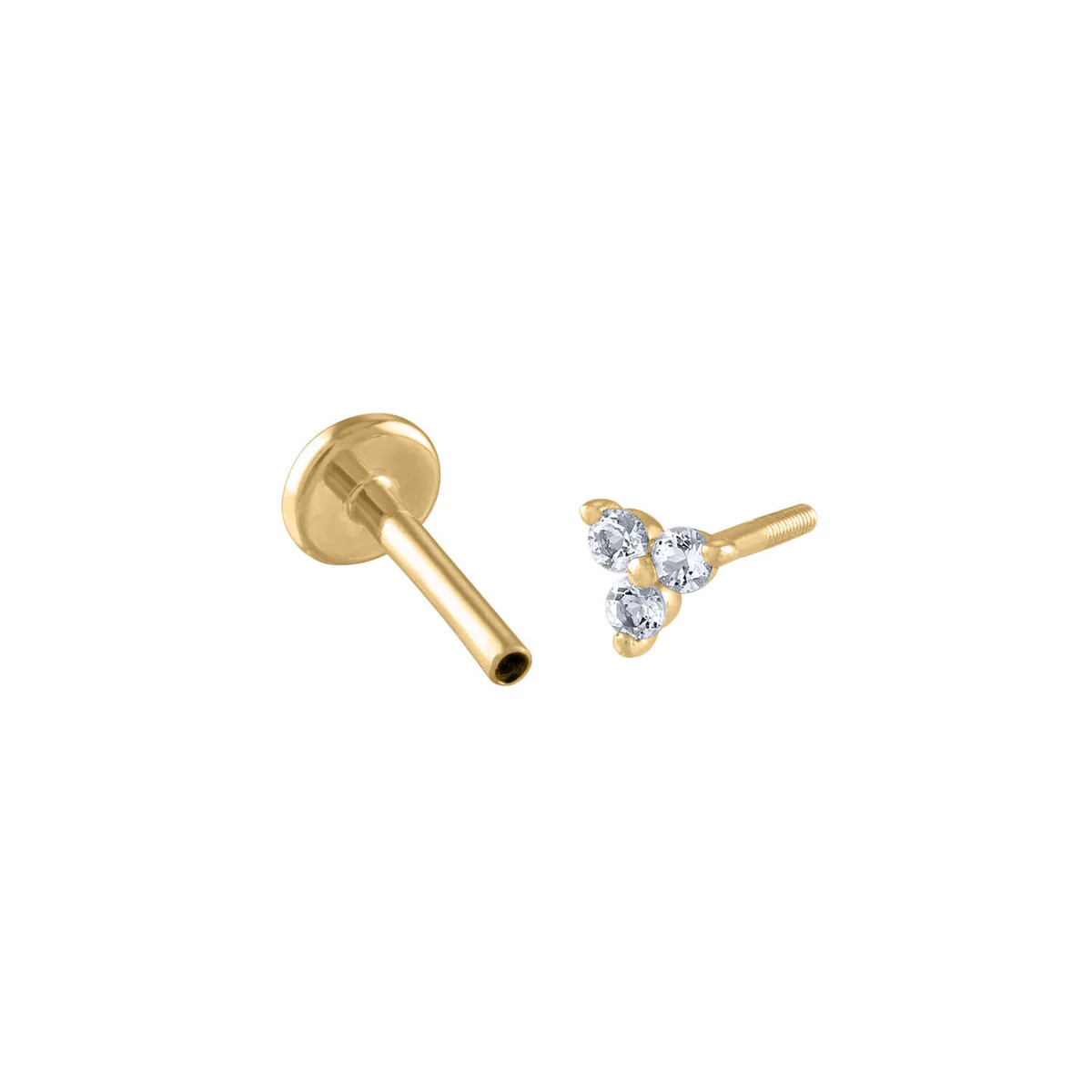 Crystal Trinity Threaded Flat Back Earring in 14k Gold | Maison Miru
